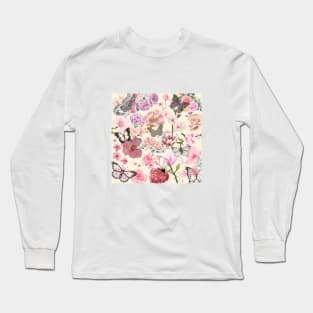 Vintage Flowers and Butterfly Floral Wallpaper Beige Background Long Sleeve T-Shirt